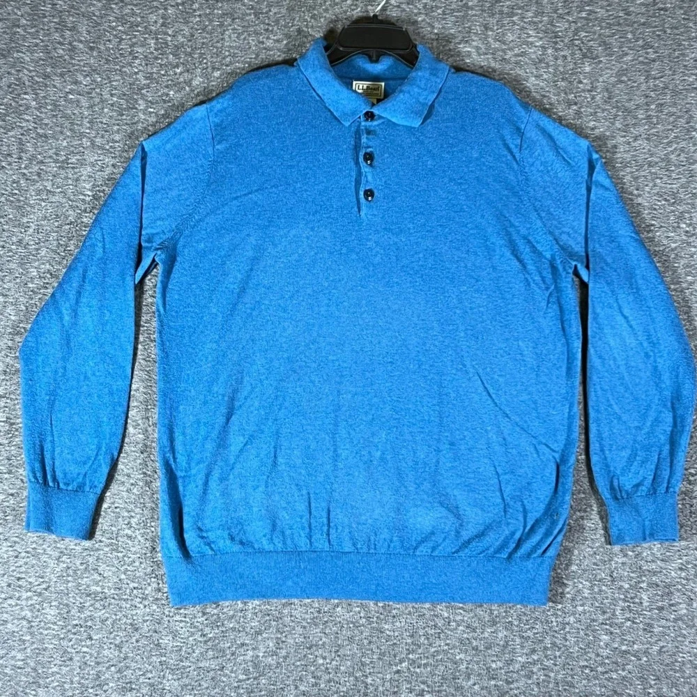 L.L.Bean Mens Long Sleeve Polo Shirt XL Blue Cotton Cashmere Blend Knit